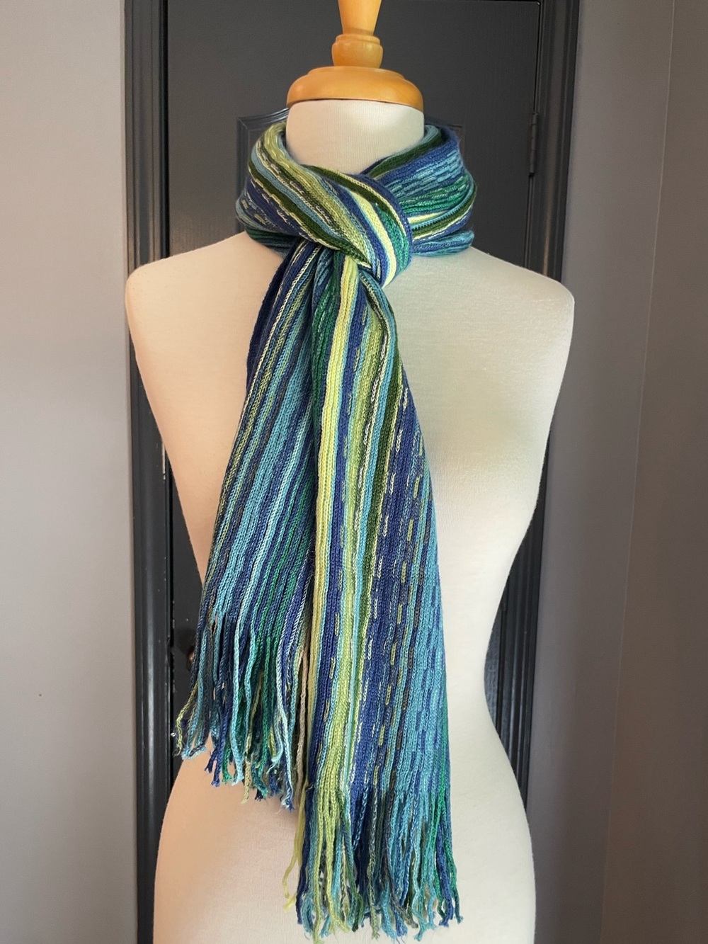 J Jill Colorful Blue-Green Striped Fringe Scarf